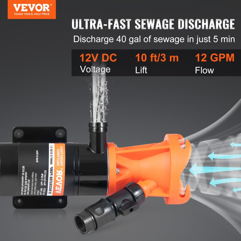 NMMP12-G120-12-1 - VEVOR 12V Portable RV Waste Pump, 10 ft Hose, 12 GPM
