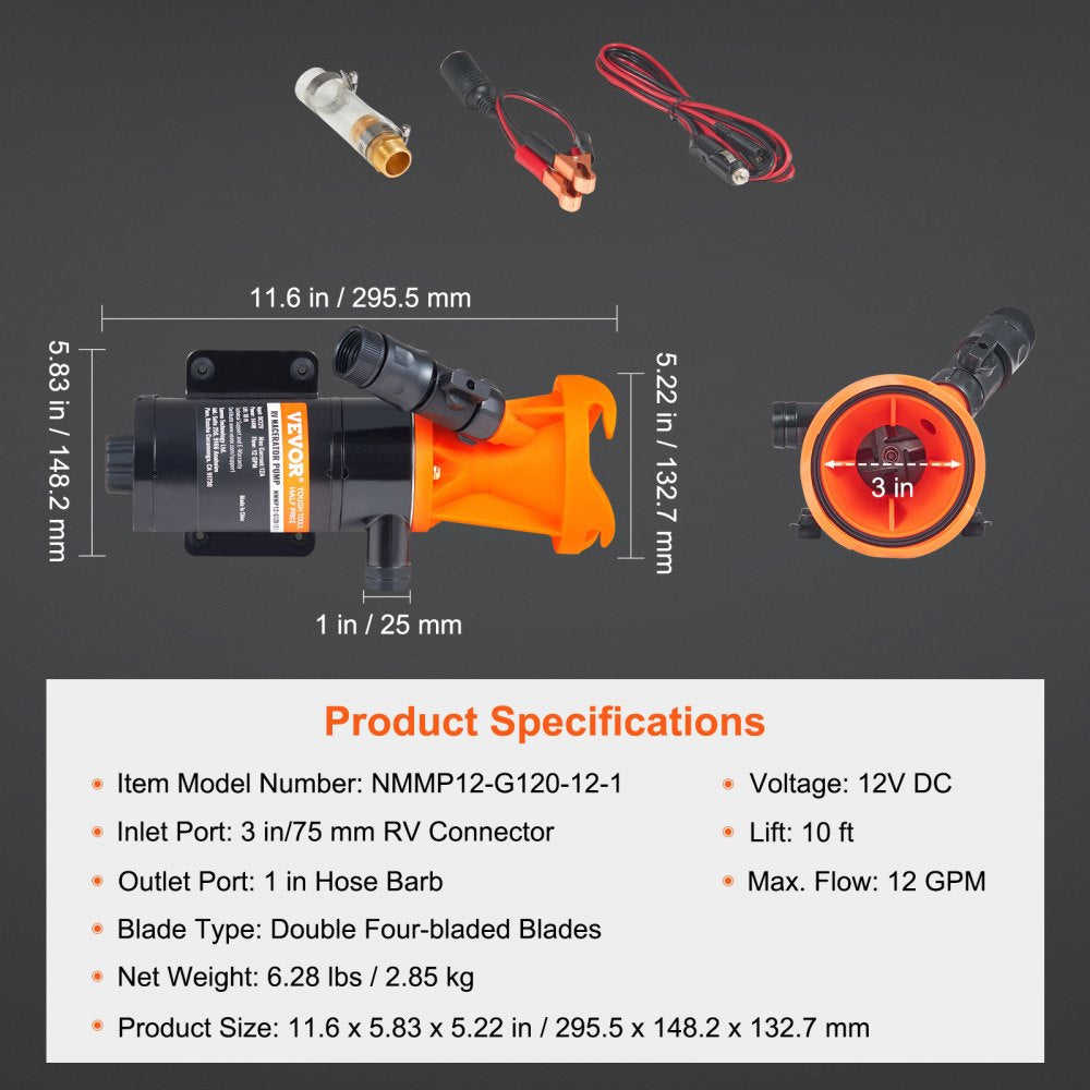 NMMP12-G120-12-1 - VEVOR 12V Portable RV Waste Pump, 10 ft Hose, 12 GPM