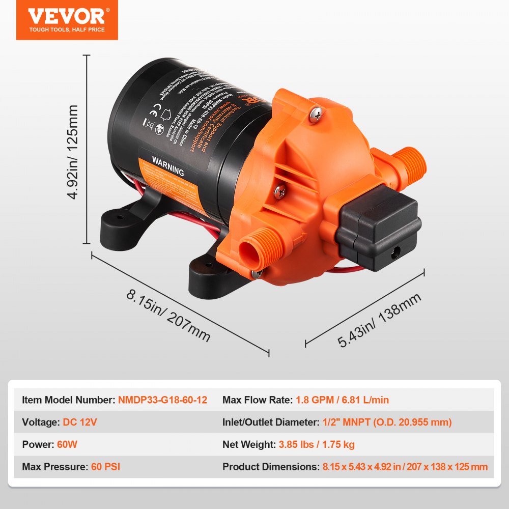 NMDP33-G18-60-12 - 12V Quiet Diaphragm Pump, 1.8 GPM, Adjustable 40-100 PSI