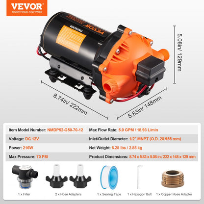 NMDP52-G50-70-12 - 5GPM 12V Diaphragm Pump with Adjustable Pressure 40-100 PSI