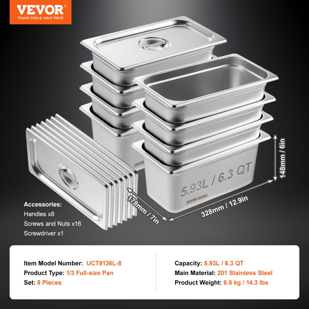 UCT8136L-8 - 1/3 Size Stainless Steel Hotel Pans with Lids, 6-Inch Depth