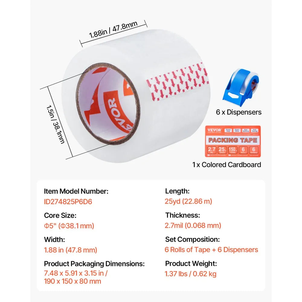 ID274825P6D6 - Heavy-Duty Clear Packing Tape, 1.88 in x 25yd, 6 Rolls