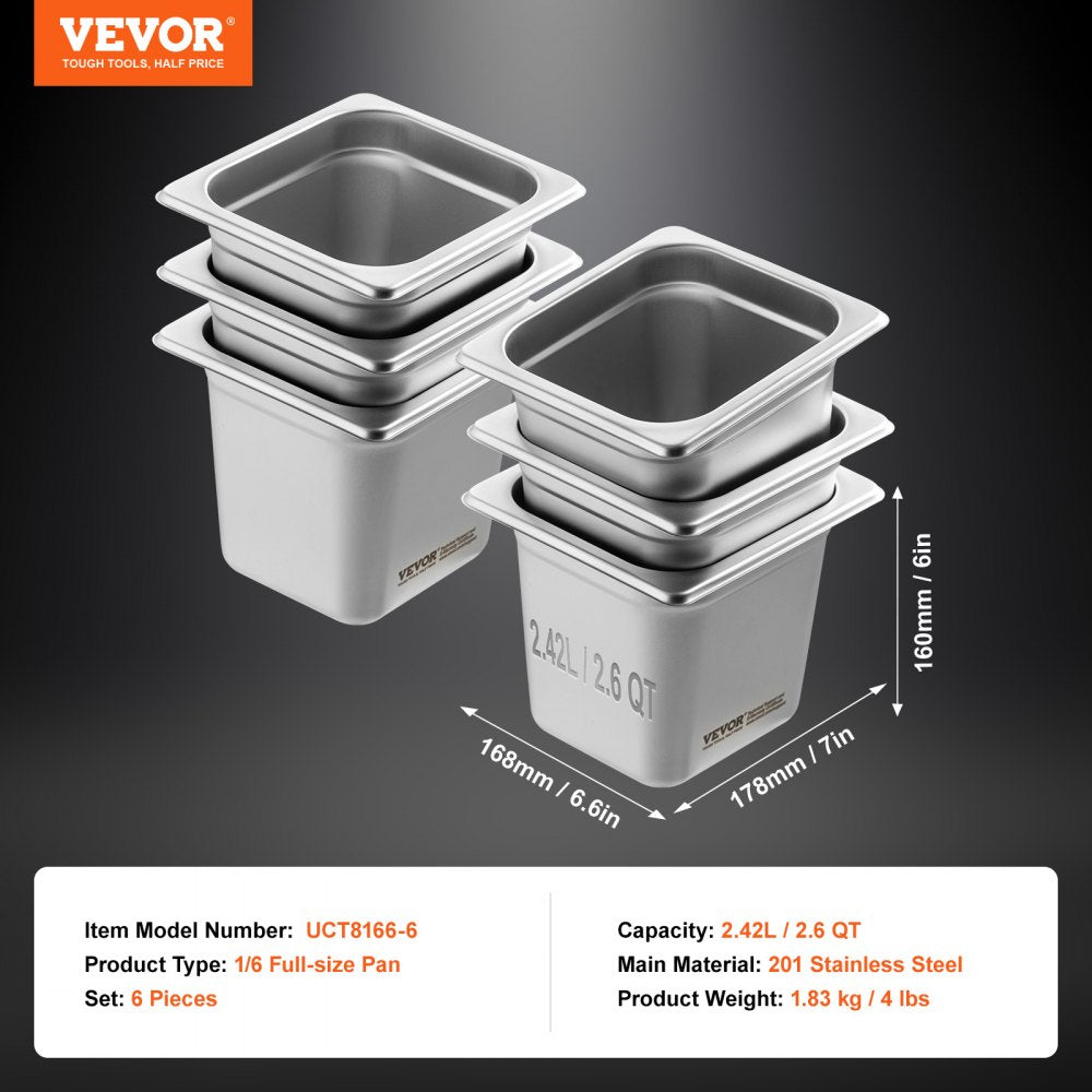 UCT8166-6 - 6 Pack 6" Deep Anti-Jam Stainless Steel Hotel Pans
