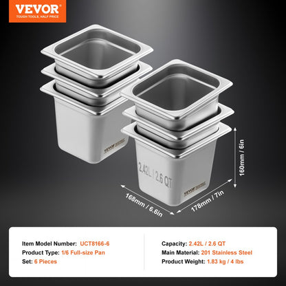 UCT8166-6 - 6 Pack 6" Deep Anti-Jam Stainless Steel Hotel Pans