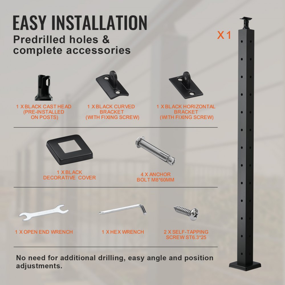 HR-007 - 42" Stainless Steel Cable Railing Post for Indoor/Outdoor Use