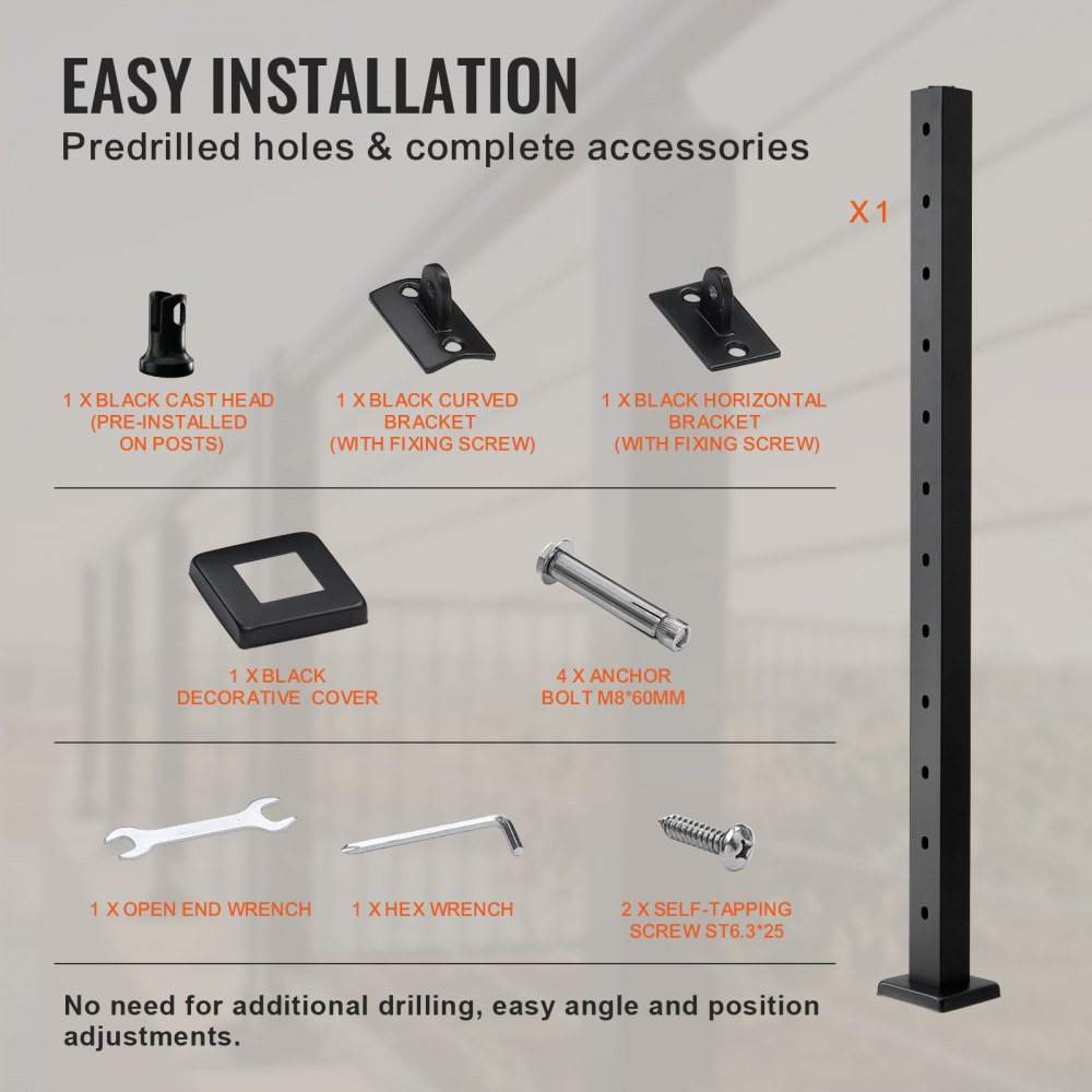 HR-006 - Durable 42" Stainless Steel Railing Post with 30° Angled Holes
