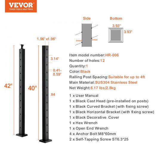 HR-006 - Durable 42" Stainless Steel Railing Post with 30° Angled Holes