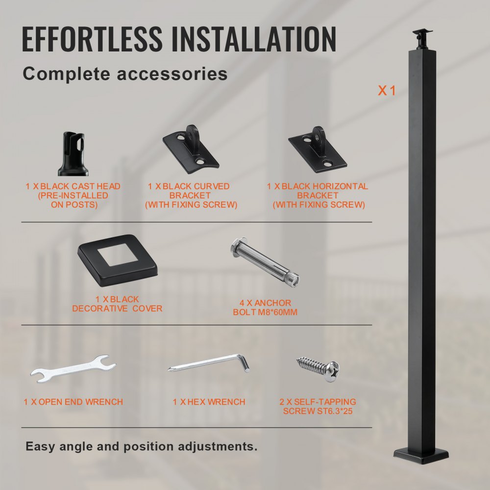 HR-008 - Black 36" Stainless Steel Cable Railing Post, Easy Install & Durable