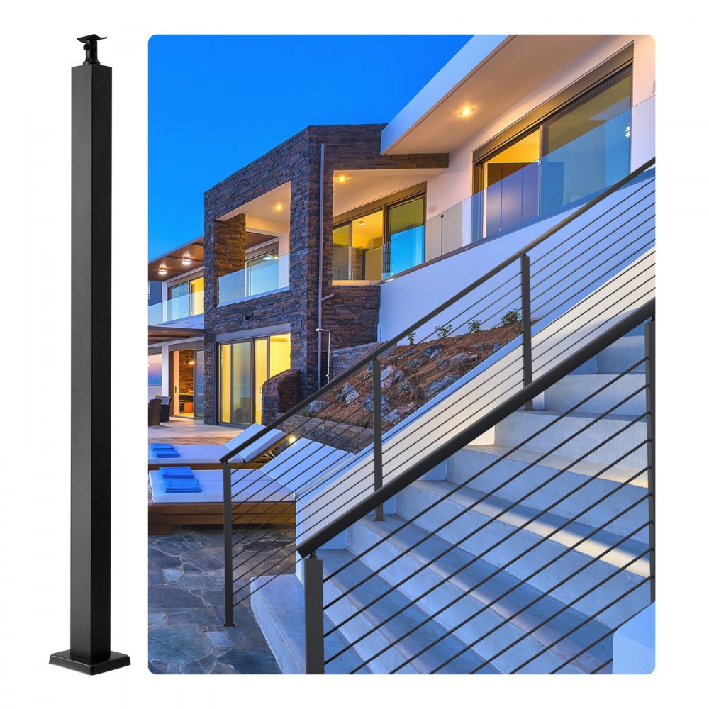 HR-008 - Black 36" Stainless Steel Cable Railing Post, Easy Install & Durable