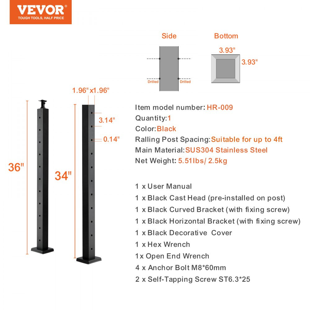 HR-009 - 66" Stainless Steel Cable Railing Post for Indoor/Outdoor Use
