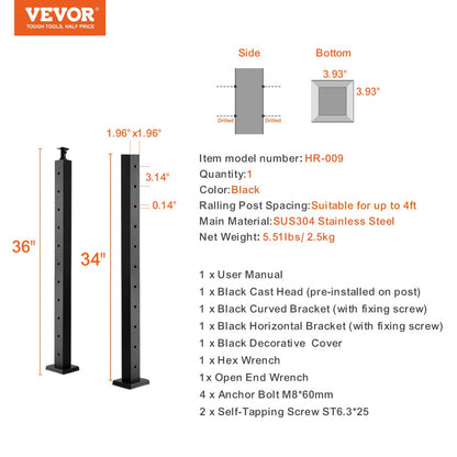 HR-009 - 66" Stainless Steel Cable Railing Post for Indoor/Outdoor Use