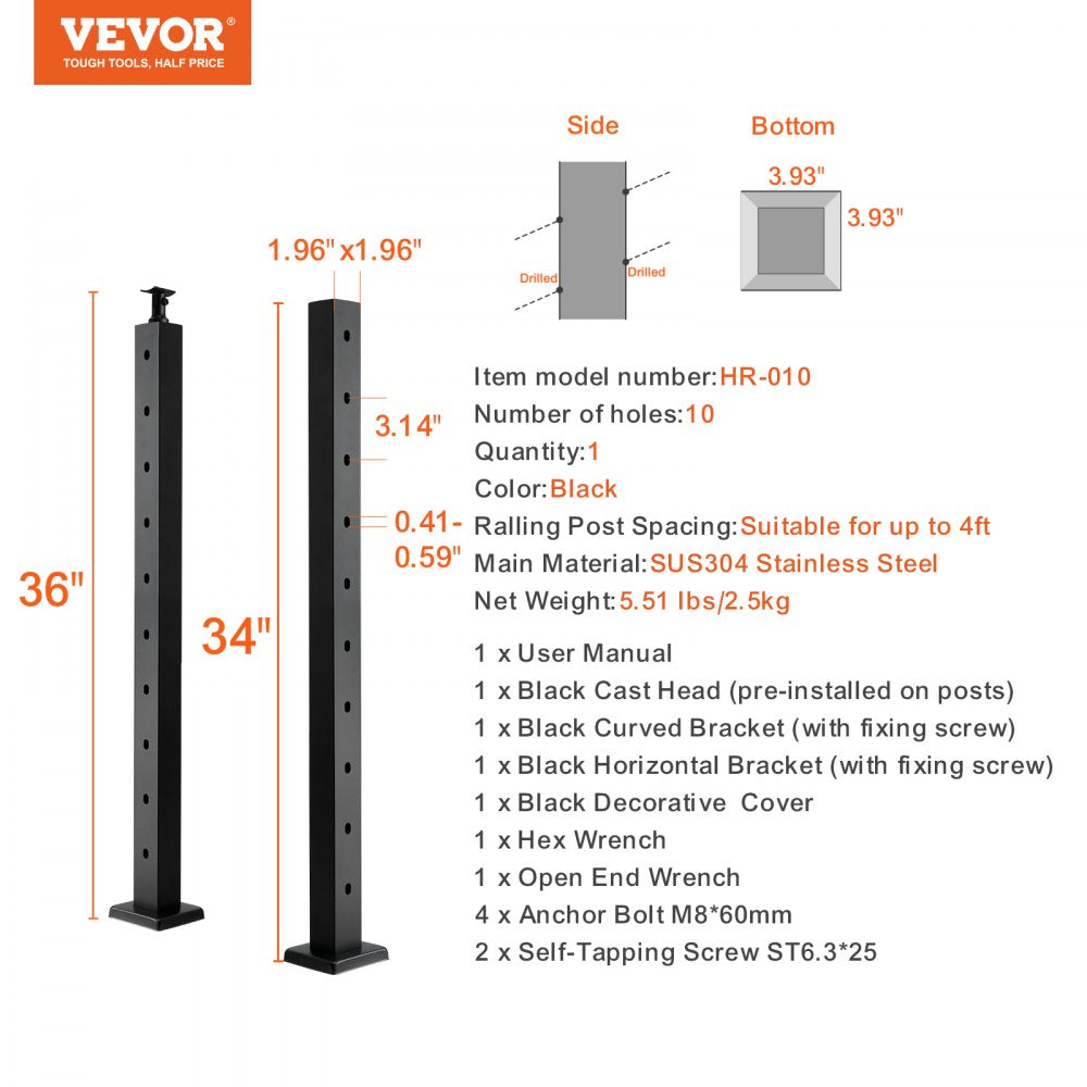 HR-010 - 36" Stainless Steel Cable Railing Post for Angled Stairs
