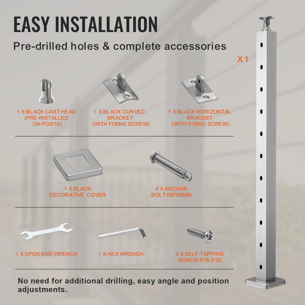HR-012 - Durable SUS304 Stainless Steel Cable Railing Post with Brackets