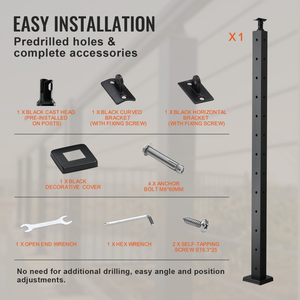 HR-014 - Durable 42" Steel Railing Post with 12 Pre-Drilled Holes
