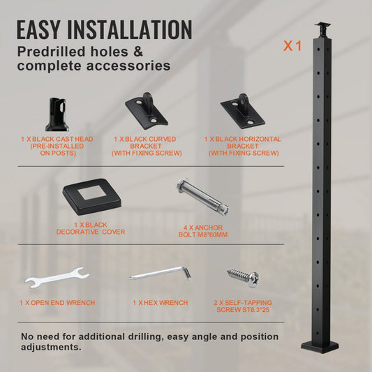 HR-014 - Durable 42" Steel Railing Post with 12 Pre-Drilled Holes