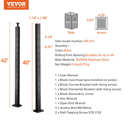 HR-014 - Durable 42" Steel Railing Post with 12 Pre-Drilled Holes
