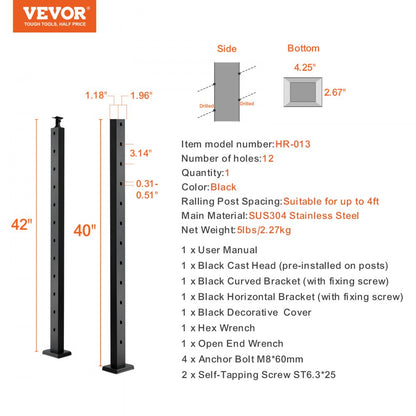 HR-013 - 42" Stainless Steel Railing Post with 30° Angled Hole
