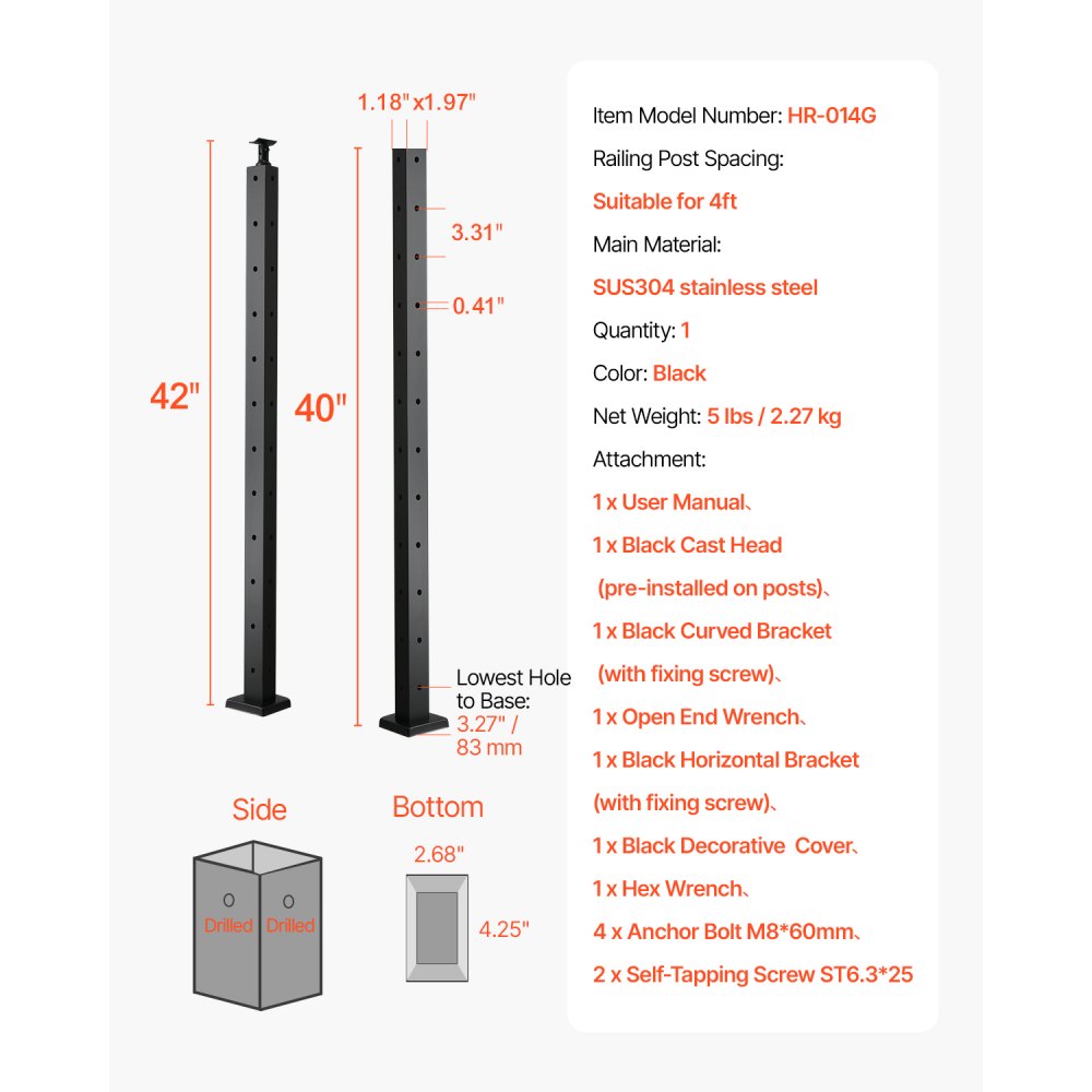 HR-014 - 42" SUS304 Stainless Steel Cable Railing Post for Stairs & Corners