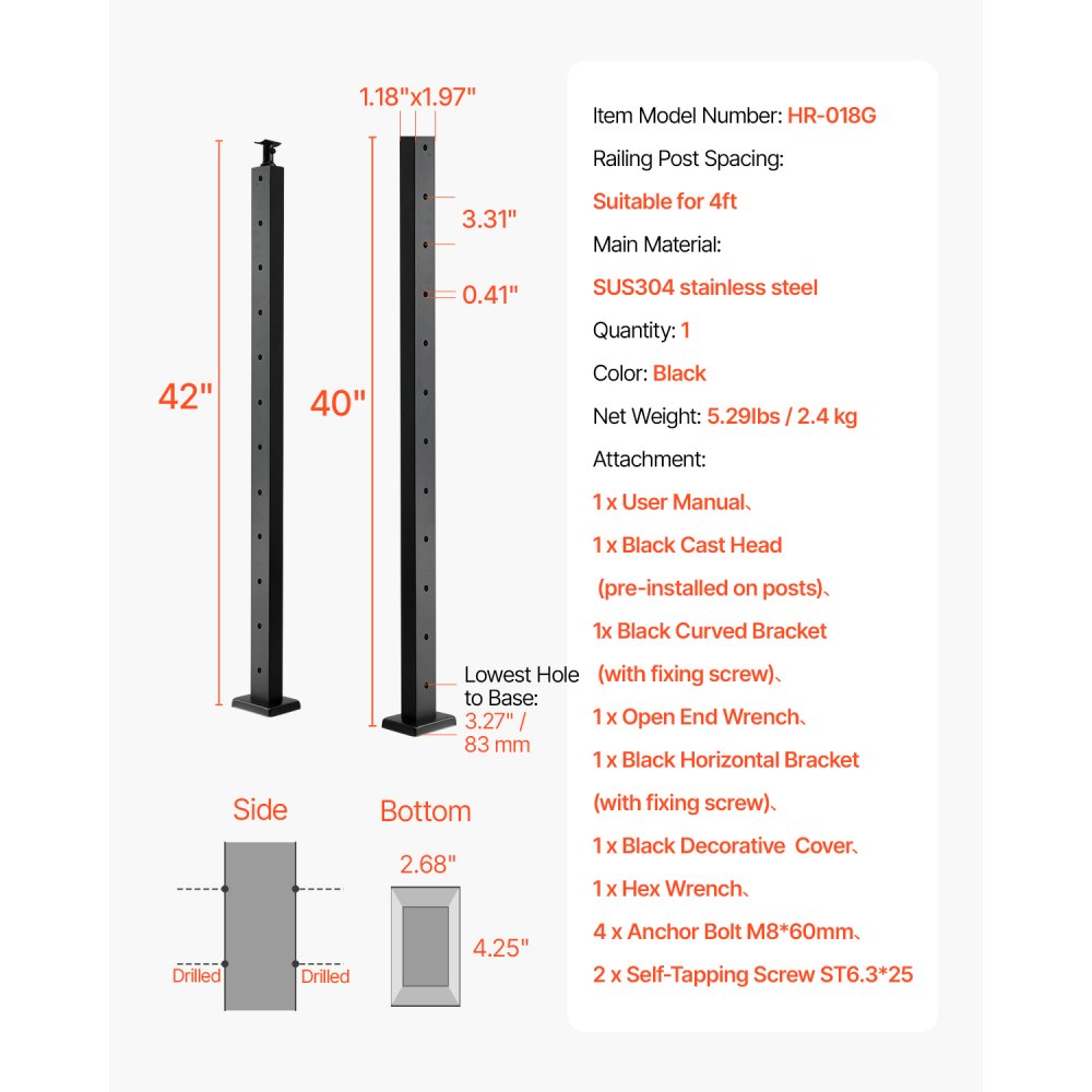 HR-018G - 42" Stainless Steel Cable Railing Post with Pre-Drilled Holes