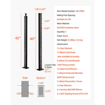 HR-018G - 42" Stainless Steel Cable Railing Post with Pre-Drilled Holes