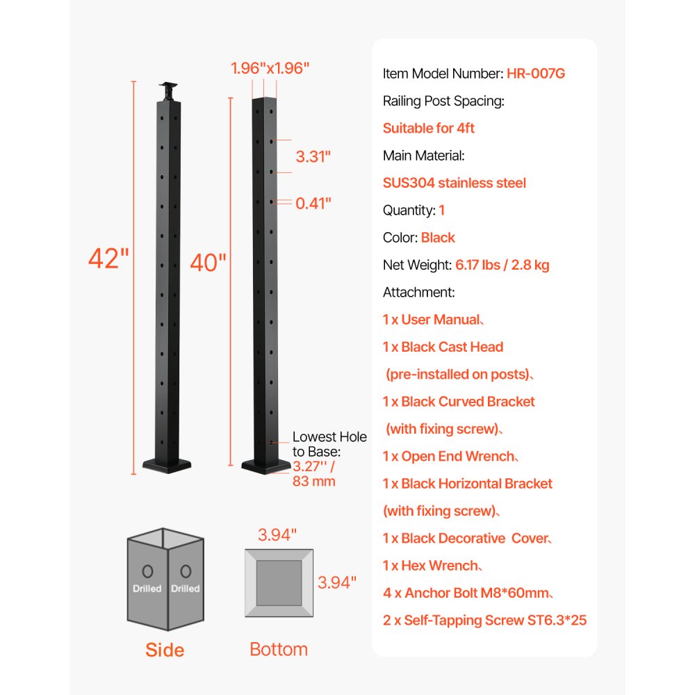 HR-007 - 42" Corner Cable Railing Post, Durable SUS304 Stainless Steel