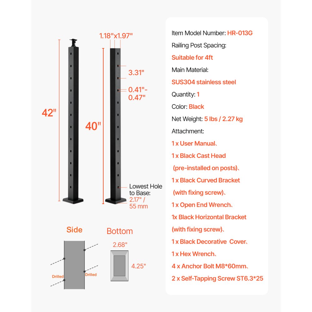 HR-013G - 42" SUS304 Stainless Steel Railing Post, Easy Install & Stylish Design
