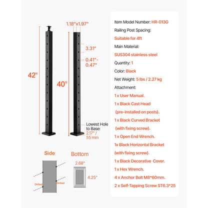 HR-013G - 42" SUS304 Stainless Steel Railing Post, Easy Install & Stylish Design