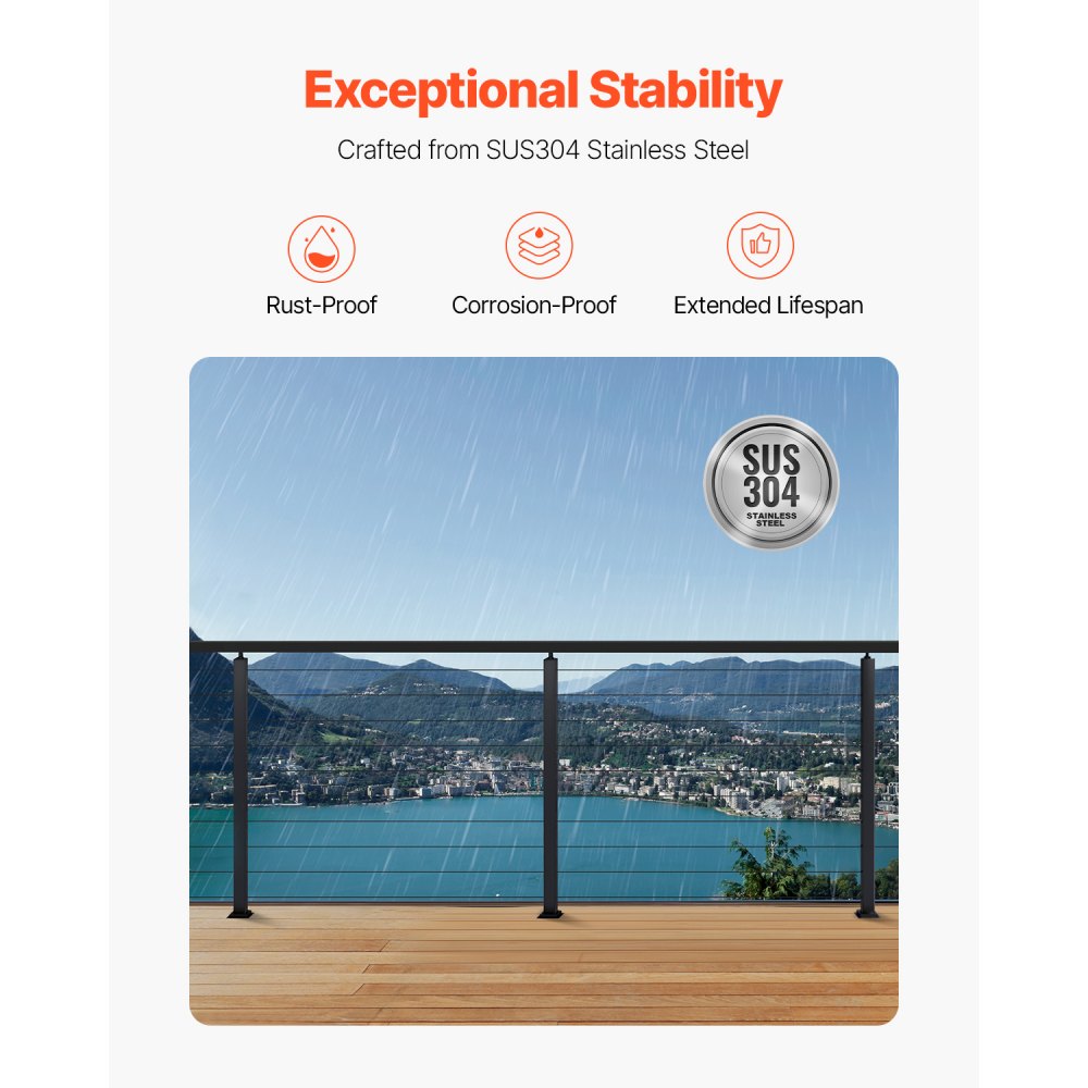 HR-009 - Durable 36" Stainless Steel Cable Railing Post with Pre-Drilled Holes