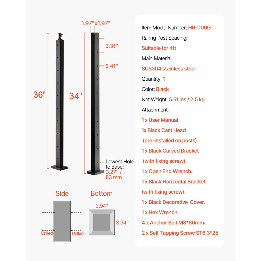 HR-009 - Durable 36" Stainless Steel Cable Railing Post with Pre-Drilled Holes