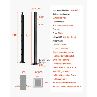 HR-009 - Durable 36" Stainless Steel Cable Railing Post with Pre-Drilled Holes