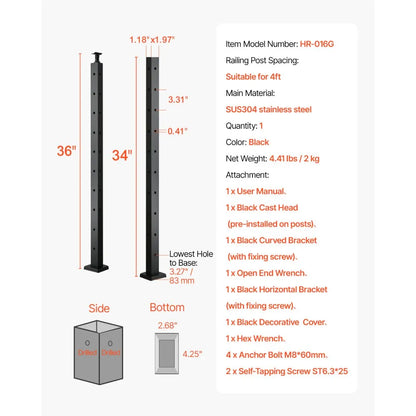 HR-016 - SUS304 Stainless Steel 36" Corner Railing Post with Easy Installation