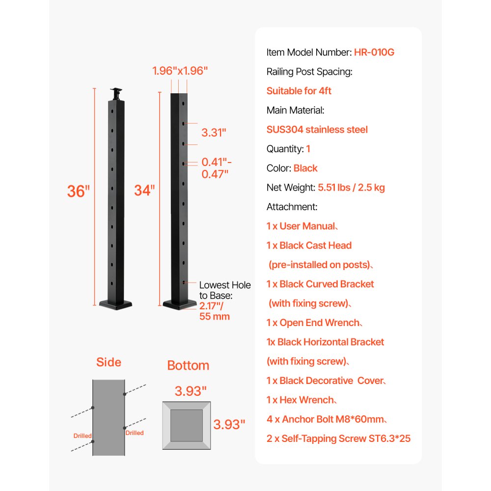 HR-010 - 36" Stainless Steel Cable Railing Post for Decks and Stairs