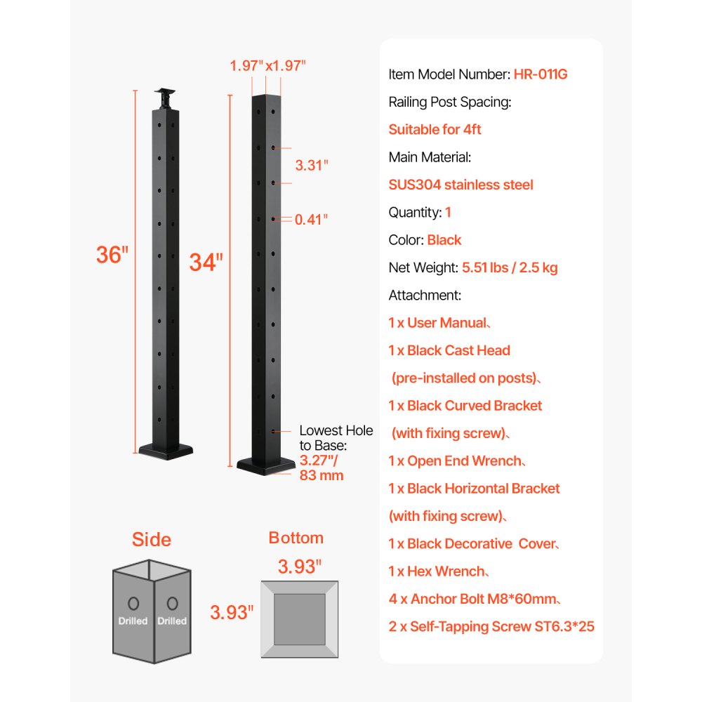 HR-011 - 36" SUS304 Stainless Steel Cable Railing Post with Pre-Drilled Holes