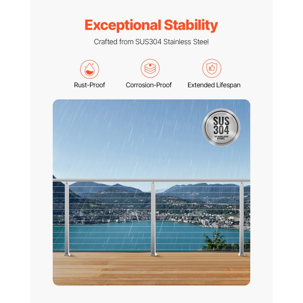 VV-106.7x5x5-LGZYKSLIVER - 42" SUS304 Stainless Steel Cable Railing Post with Accessories