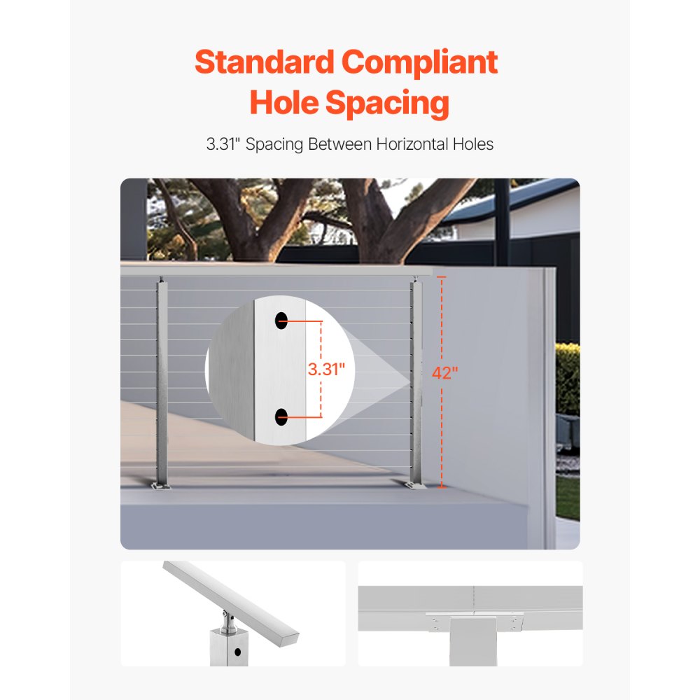 VV-106.7x5x5-LGZYKSLIVER - 42" SUS304 Stainless Steel Cable Railing Post with Accessories