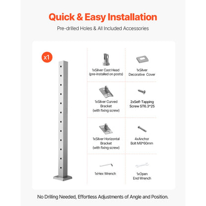 VV-106.7x5x5-LGZYKSLIVER - 42" SUS304 Stainless Steel Cable Railing Post with Accessories