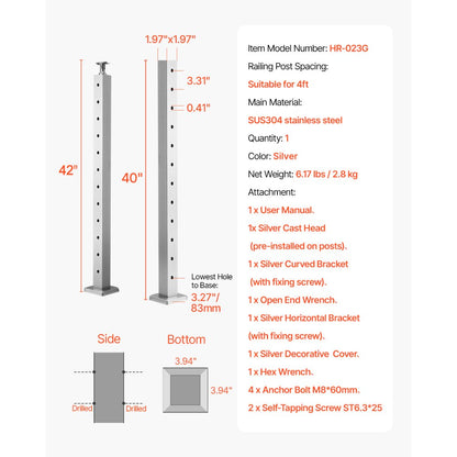 VV-106.7x5x5-LGZYKSLIVER - 42" SUS304 Stainless Steel Cable Railing Post with Accessories