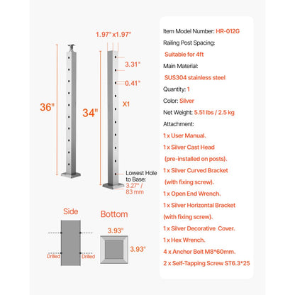 HR-012 - Durable 36x2 Stainless Steel Cable Railing Post with Pre-Drilled Holes