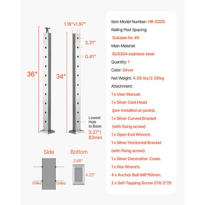 VV-91.4x5x5-LGZWKSLIVERDZ - Durable 36" Stainless Steel Cable Railing Post
