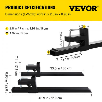 UN-C-2000LB - Heavy-Duty 46.9" Clamp-On Forks for 2000 lbs Capacity