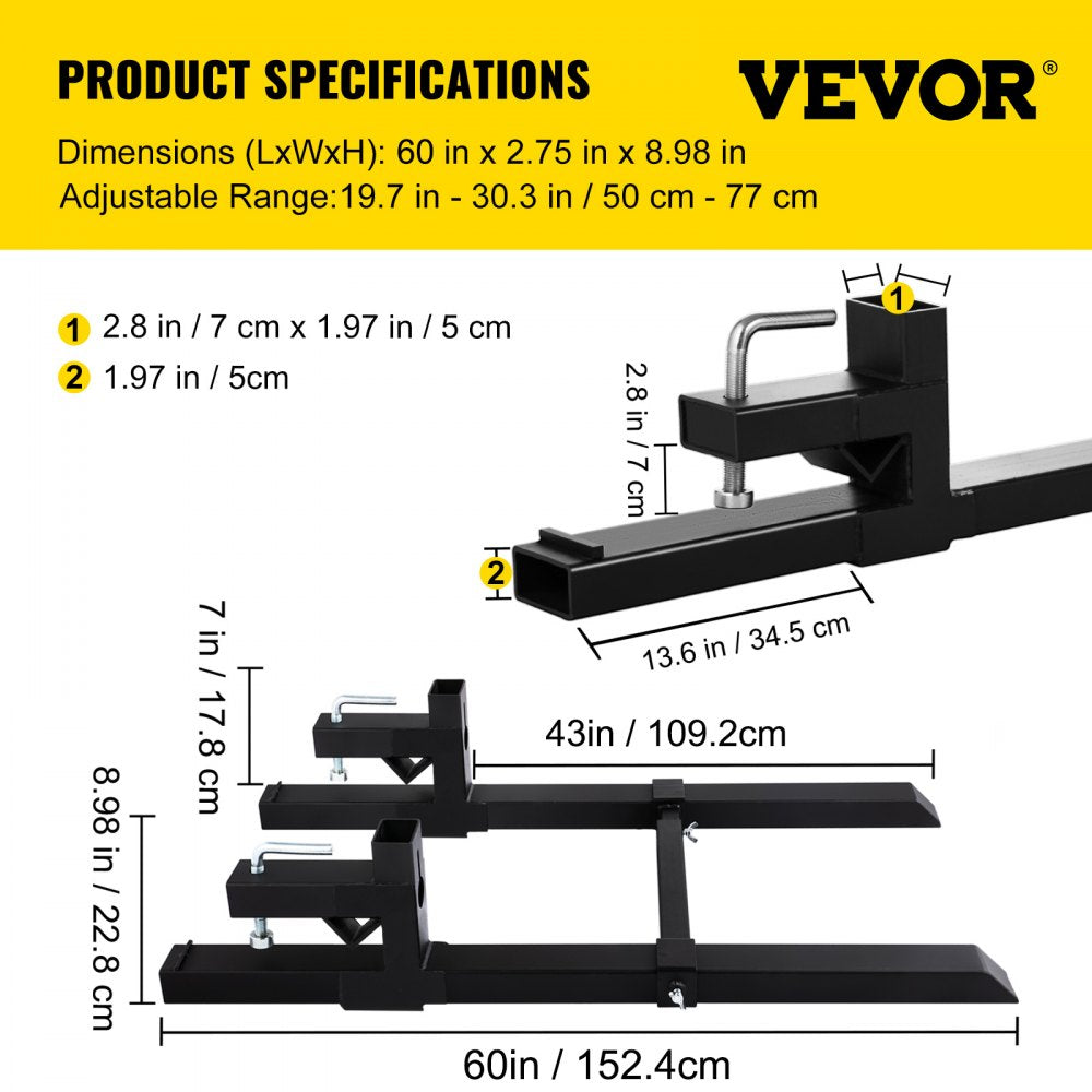 C-2000LB - 60" VEVOR Heavy-Duty Pallet Forks for Loaders, 2000 lbs Capacity
