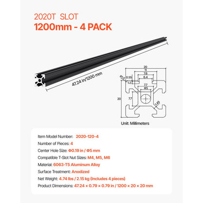 2020-120-4 - 47.24 in Aluminum T Slot Linear Rail for Custom Projects