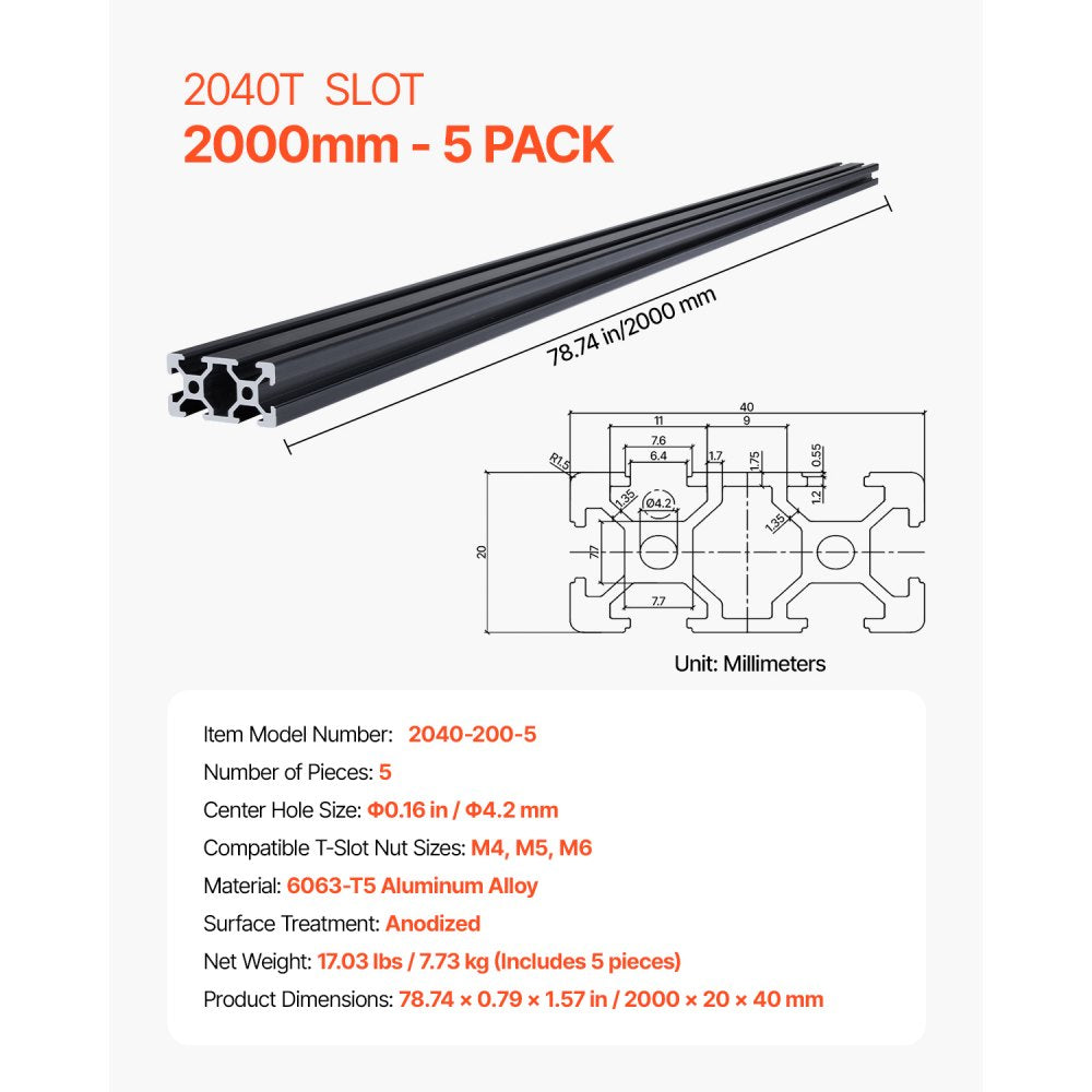2040-200-5 - 78.74" Aluminum T Slot Linear Rail, 5-Piece Set
