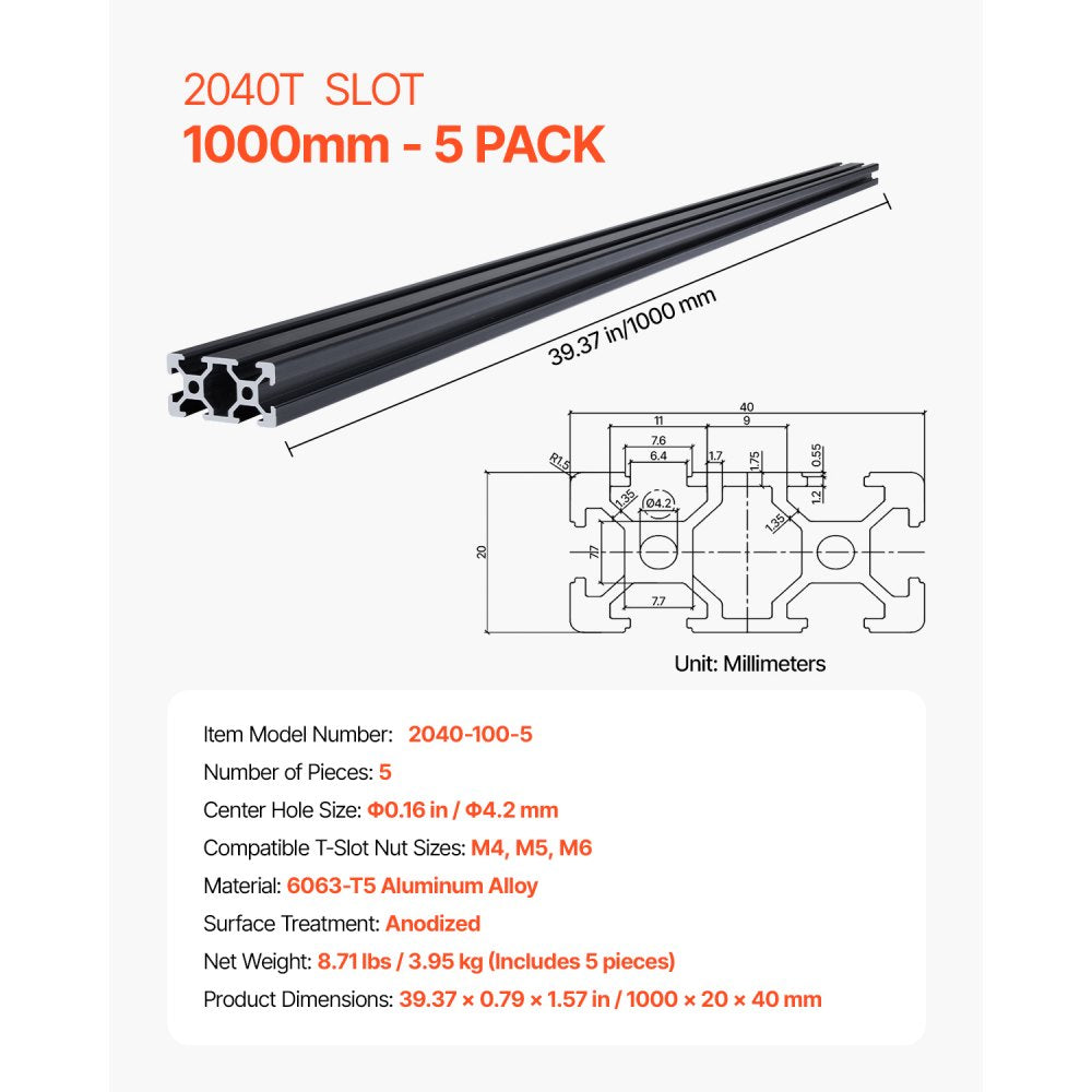 2040-100-5 - 39.4" T-Slot Aluminum Rail Set for DIY Projects