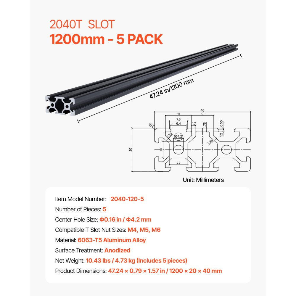 2040-120-5 - 47.24" Durable Aluminum T Slot Rail Set for DIY Projects