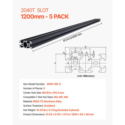 2040-120-5 - 47.24" Durable Aluminum T Slot Rail Set for DIY Projects