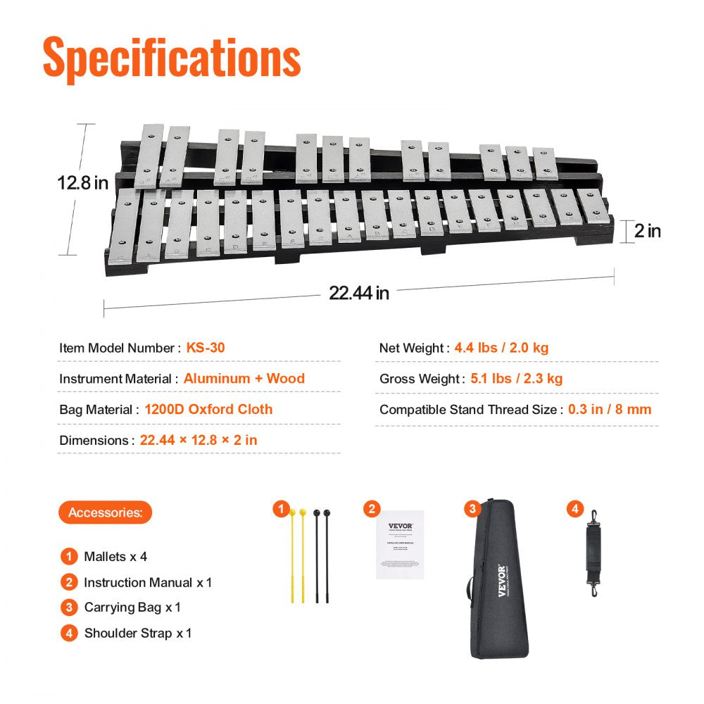 KS-30 - 30-Note Glockenspiel for Beginners with Bright Tones