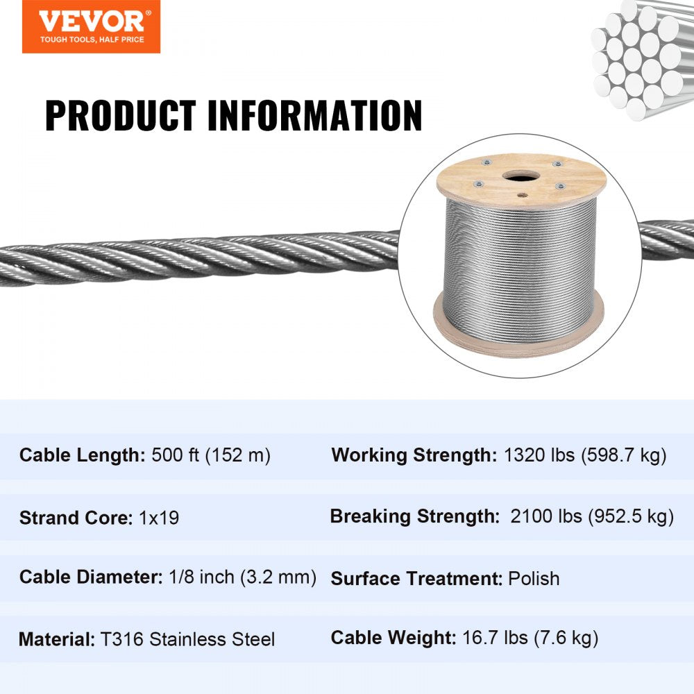 010177605272 - VEVOR 500' T316 Stainless Steel Cable Railing for Outdoor Use