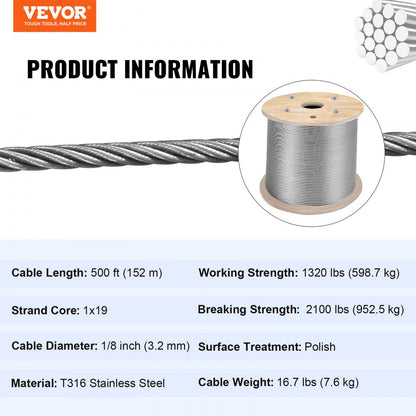 010177605272 - VEVOR 500' T316 Stainless Steel Cable Railing for Outdoor Use