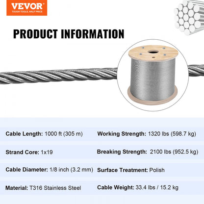 010822163233 - 1/8" x 1000 ft T316 Stainless Steel Cable, 2100 lb Strength